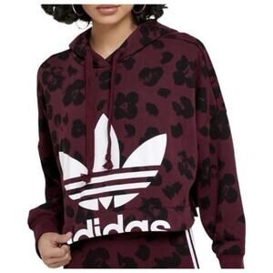 Adidas Big Logo Burgundy/Black Leopard Animal Print Cropped Hoodie Size Large